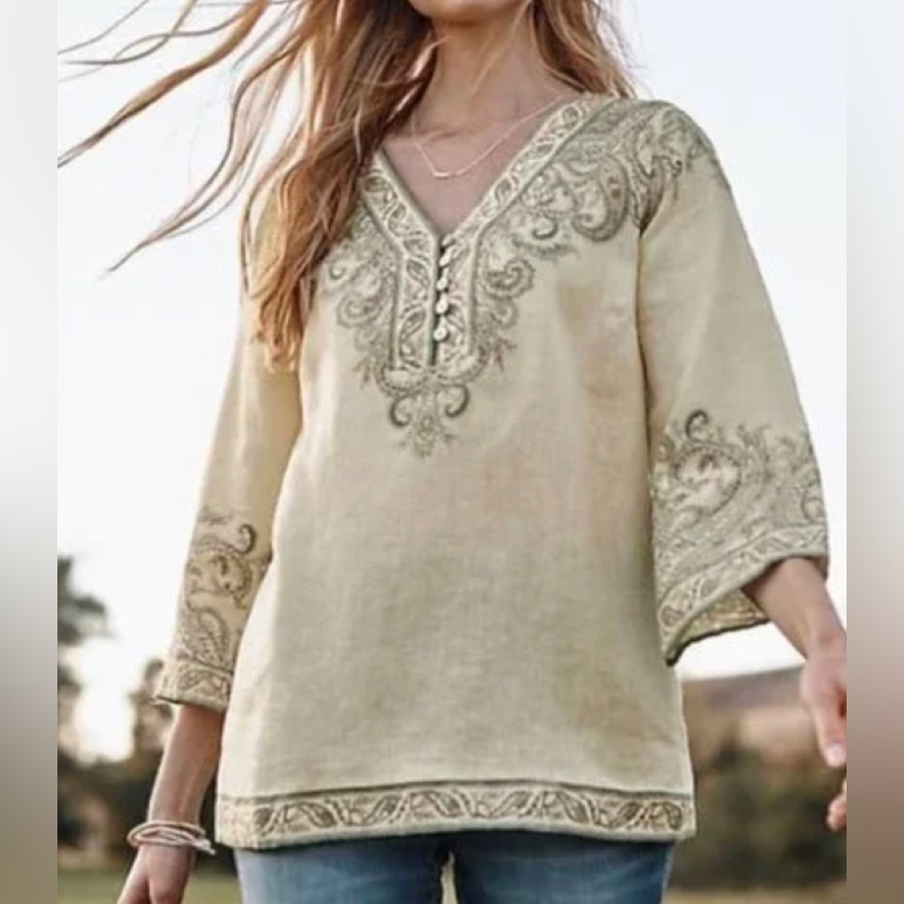 J. Jill Linen Ornate Paisley Top V Neck Paisley 3/4 Sleeves Sz Medium Petite